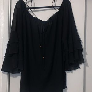 Off the shoulder ruffled sleeves sheer blouse